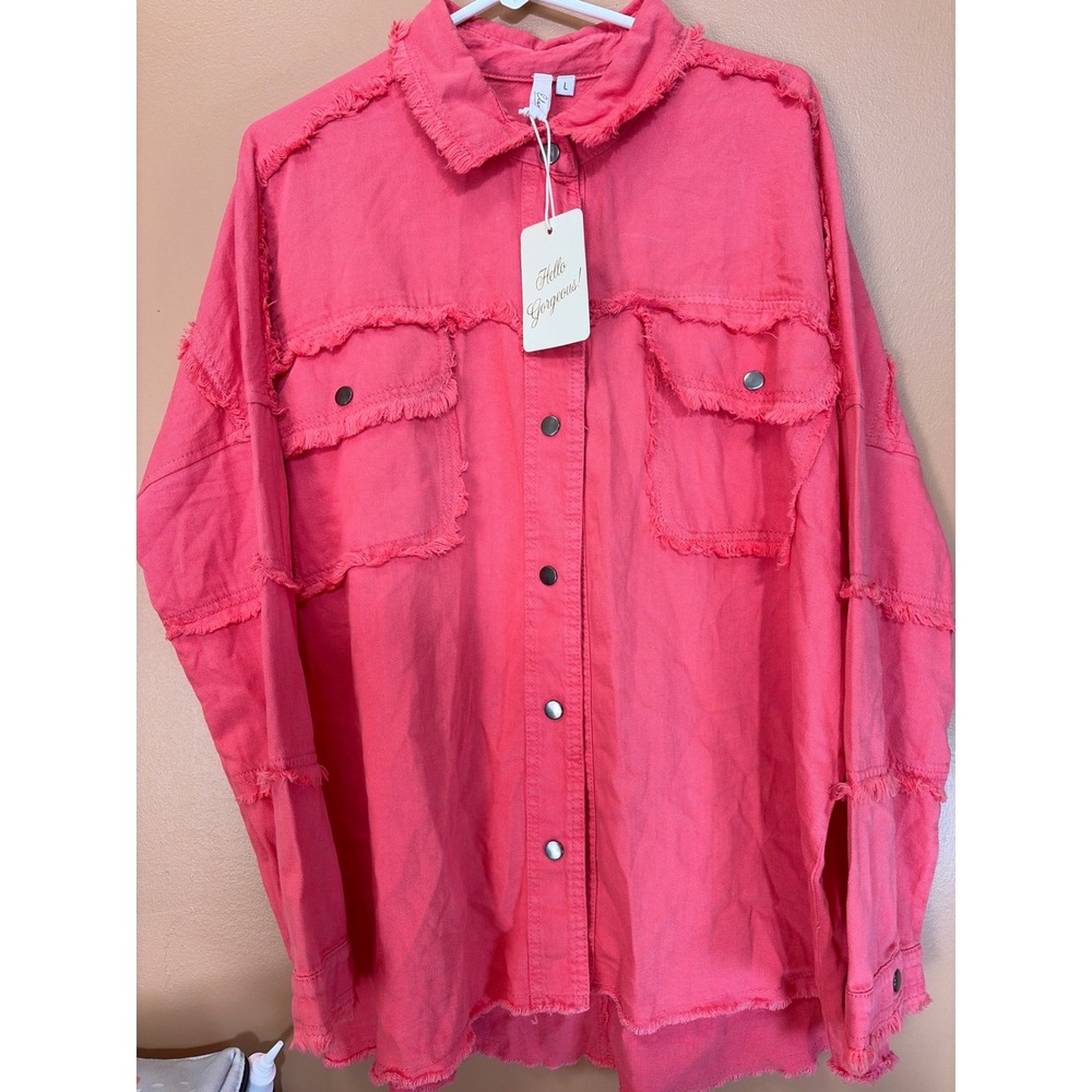 Elan Rock & Roll Chenille Patch Distressed Denim Shirt Jacket Pink Coral Large